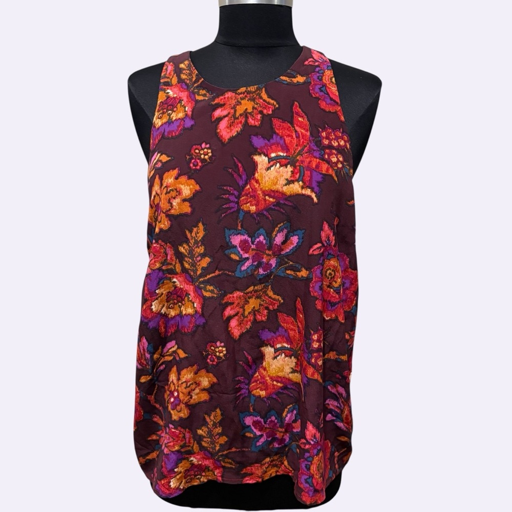 Alice Blue Floral silk sleeveless top - Burgundy and Orange size M